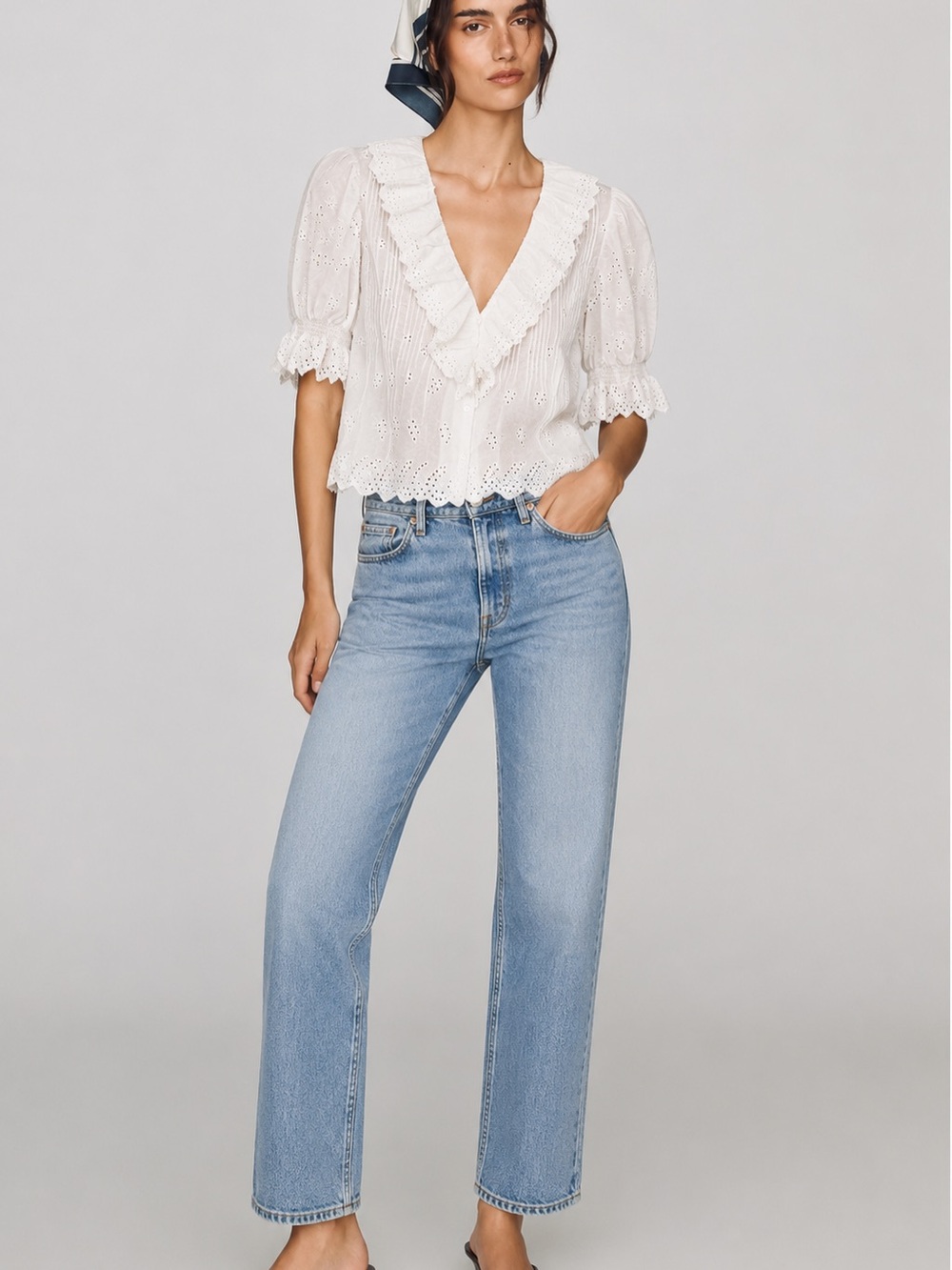 Ultra Pink White Eyelet Ruffle V-Neck Blouse